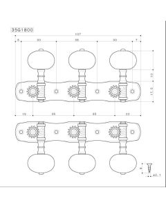 Gotoh machine heads for classic guitar, nylon shaft, 3x left 3x right, 70 mm, black button