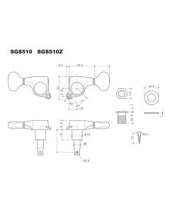 Gotoh machine heads for guitar, 3xL+3xR, ratio 1:18, gold button, gold