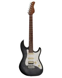 Sire Guitars S Series Larry Carlton electrische gitaar, S-style, elzen body, gevlamde esdoorn top, transparant zwart