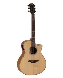 Bromo Tahoma Series auditorium guitar with solid top, cutaway with EQ, amara ebony fb, natural