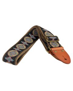 Gaucho Authentic Deluxe Series guitar strap, 2 jacquard weave, leather slips with pins, brass buckle, suede backing, bk/bu/rd 