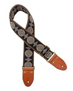 Gaucho Authentic Deluxe Series guitar strap, 2 jacquard weave, leather slips with pins, brass buckle, suede backing, bk/bu/rd 