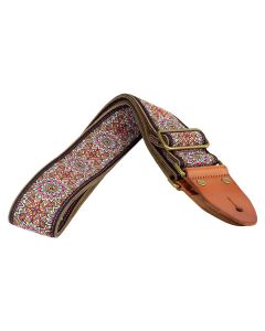 Gaucho Authentic Deluxe Series guitar strap, 2" jacquard weave, leather slips with pins, brass buckle, suede backing, bk/bu/rd1