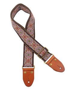 Gaucho Authentic Deluxe Series guitar strap, 2" jacquard weave, leather slips with pins, brass buckle, suede backing, bk/bu/rd1