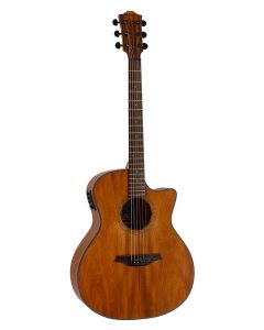 Bromo Tahoma Series auditorium guitar with solid mahogany top, cutaway with EQ, amara ebony fb, natural