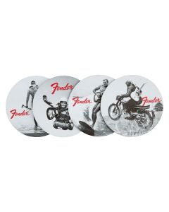 Fender vintage '60s ads coasters, black & white print on leather, 4 pcs.