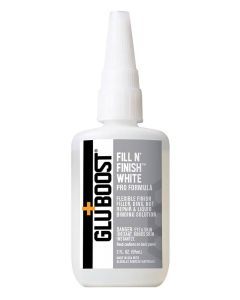 Gluboost Fill n Finish white finisher cyanoacrylic glue, Pro formula, 2oz (59ml) bottle