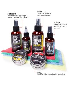 StewMac Ultimate Shine Guitar Care System, six cleaning compounds and four microfiber towels